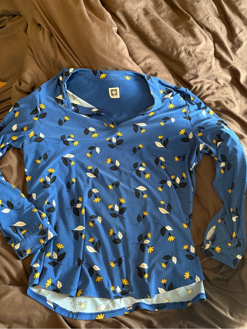 Anne Klein Blue Floral Button-Up Blouse with Yellow Accents